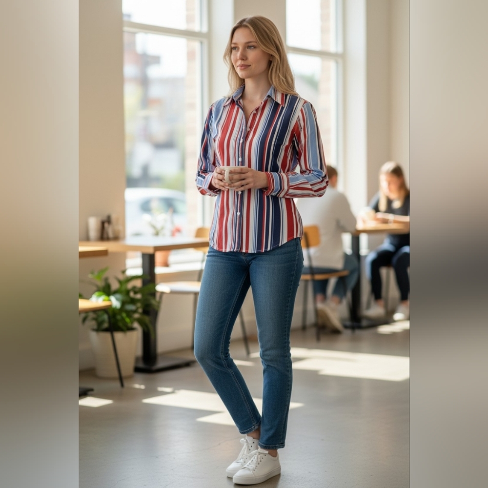 Tommy Hilfiger Western Red White Blue Stripe Button Front Shirt Womens - Picture 8 of 9
